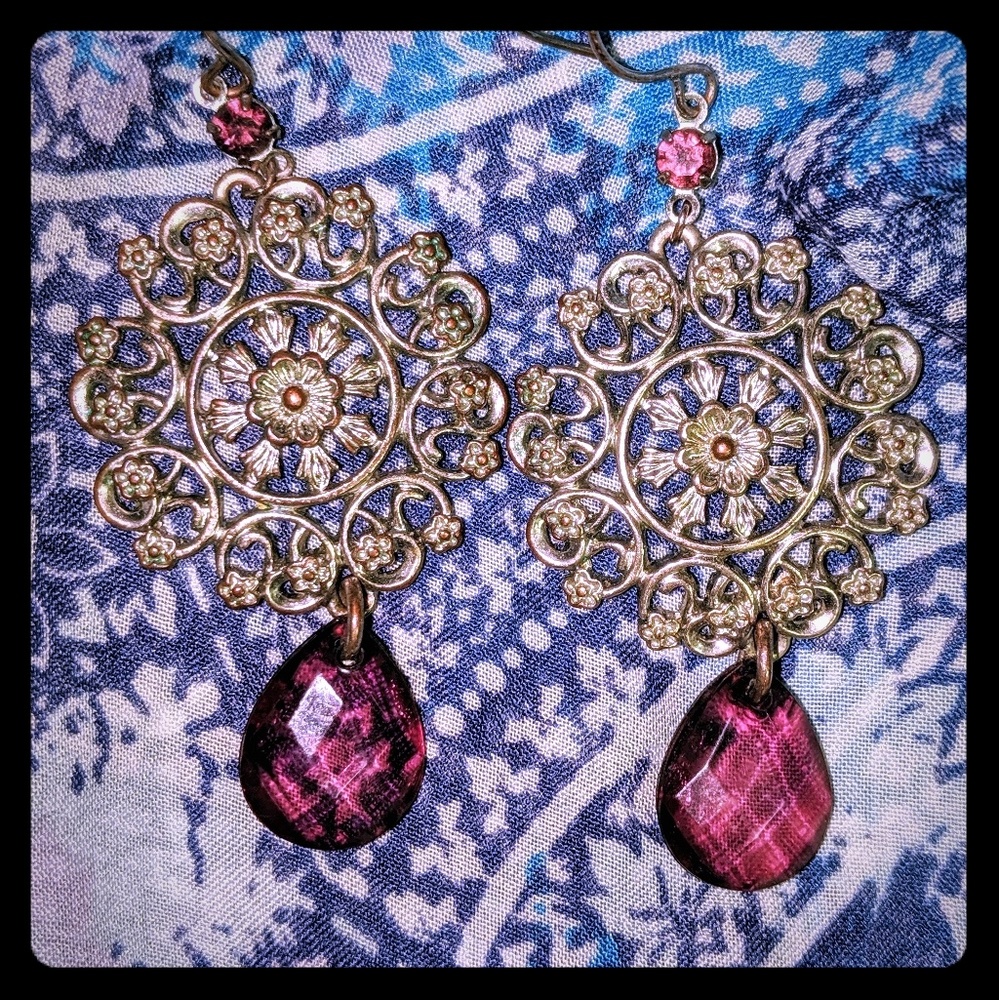 Silver Etched Earrings with Amethyst Bead - Picture 3 of 4